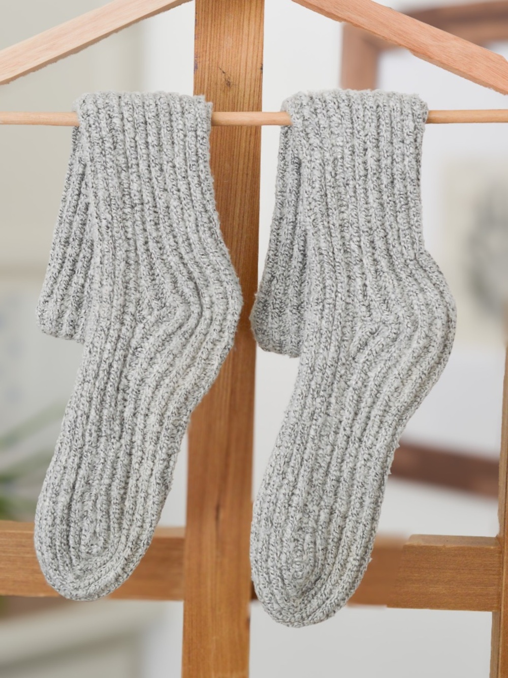 Thick Cozy Grey Marled Ribbed Knit Crew Socks Slouch Cuffed